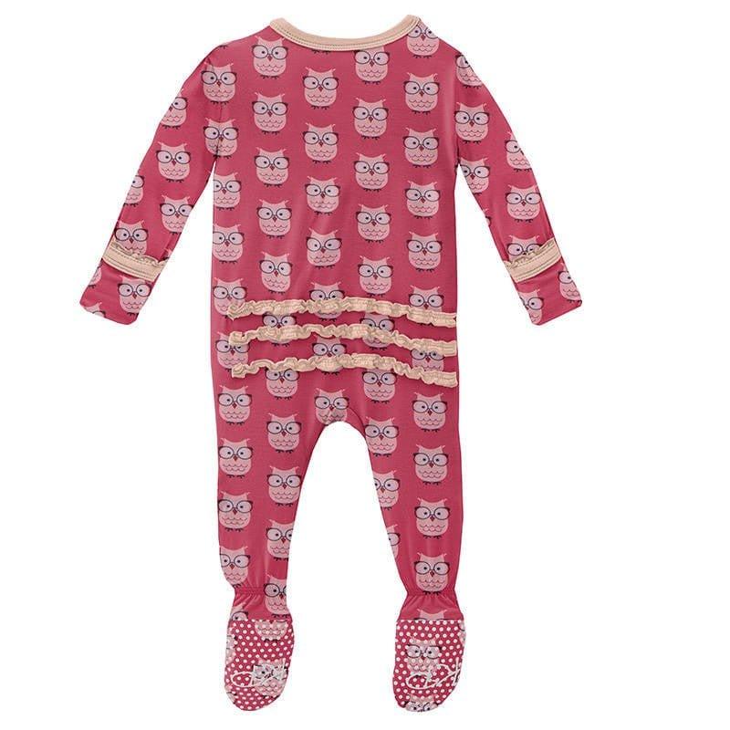 Girl's Print Bamboo Muffin Ruffle Footie with Zipper - Taffy Wise Owls - Image 3