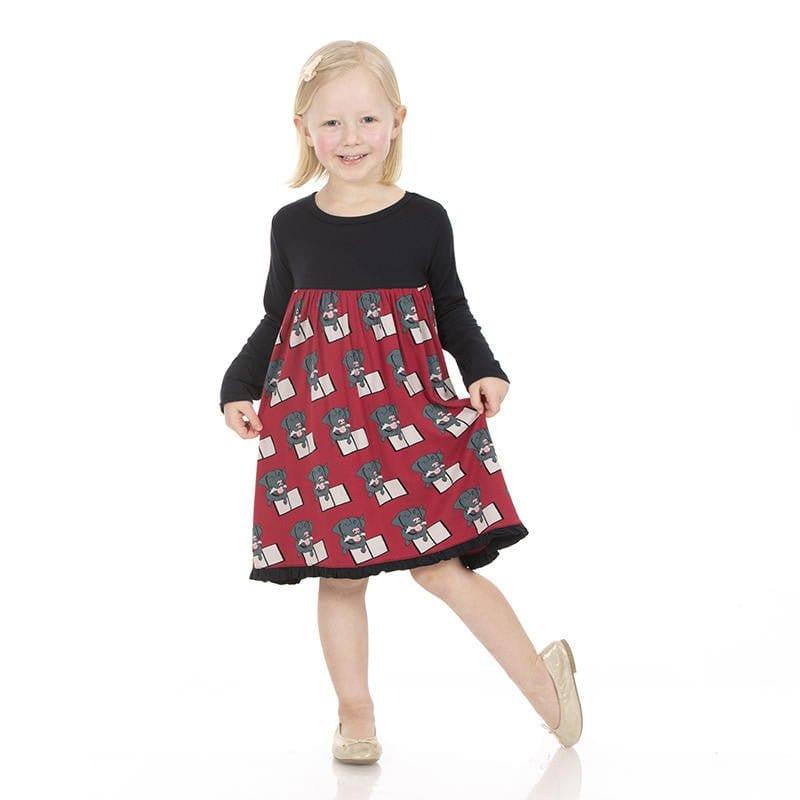 Girl's Print Bamboo Classic Long Sleeve Swing Dress - Wild Strawberry Dog Ate My Homework - Image 2