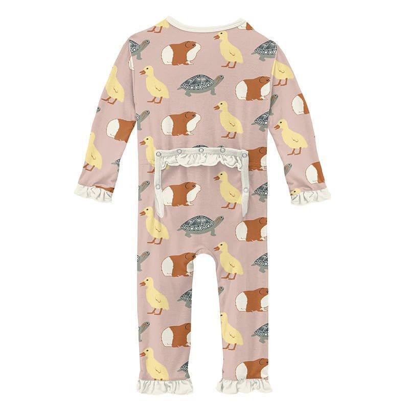 Girl's Print Bamboo Classic Ruffle Coverall with Zipper - Peach Blossom Class Pets - Image 2