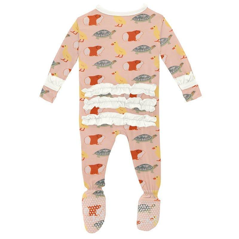 Girl's Print Bamboo Classic Ruffle Footie with Snaps - Peach Blossom Class Pets - Image 2