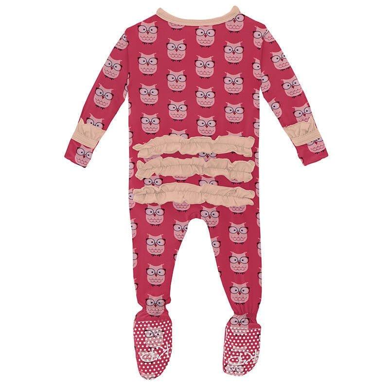 Girl's Print Bamboo Classic Ruffle Footie with Snaps - Taffy Wise Owls - Image 2