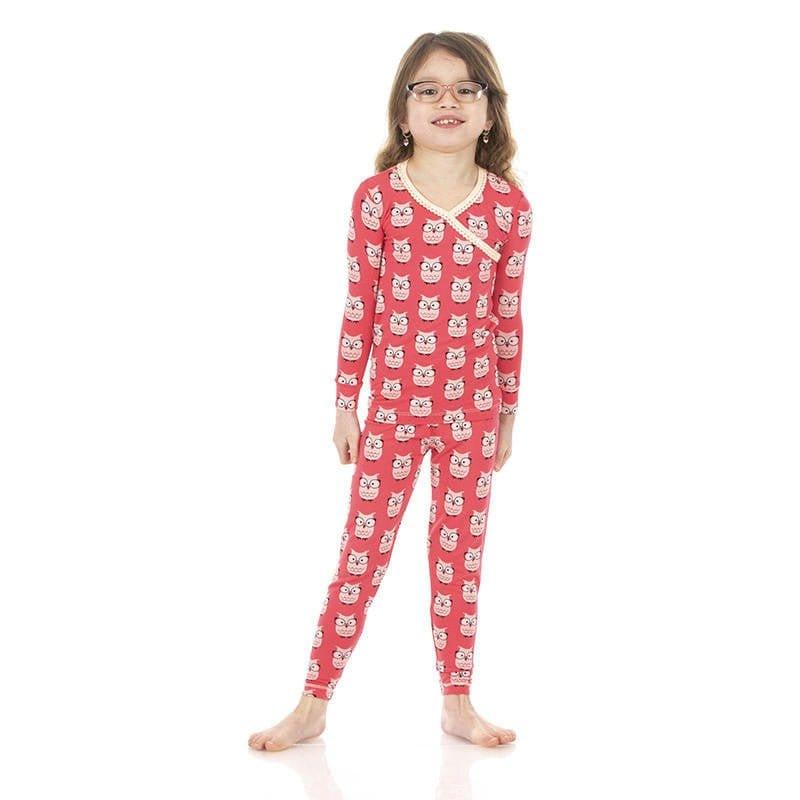 Girl's Print Bamboo Long Sleeve Scallop Kimono Pajama Set - Taffy Wise Owls - Image 2