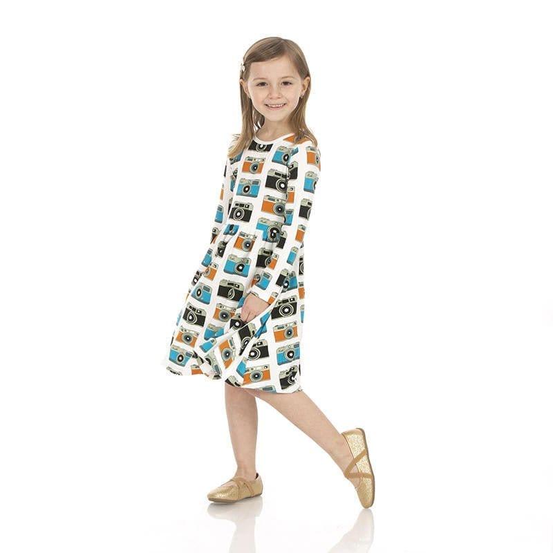 Girl's Print Bamboo Long Sleeve Twirl Dress - Mom's Camera - Image 2