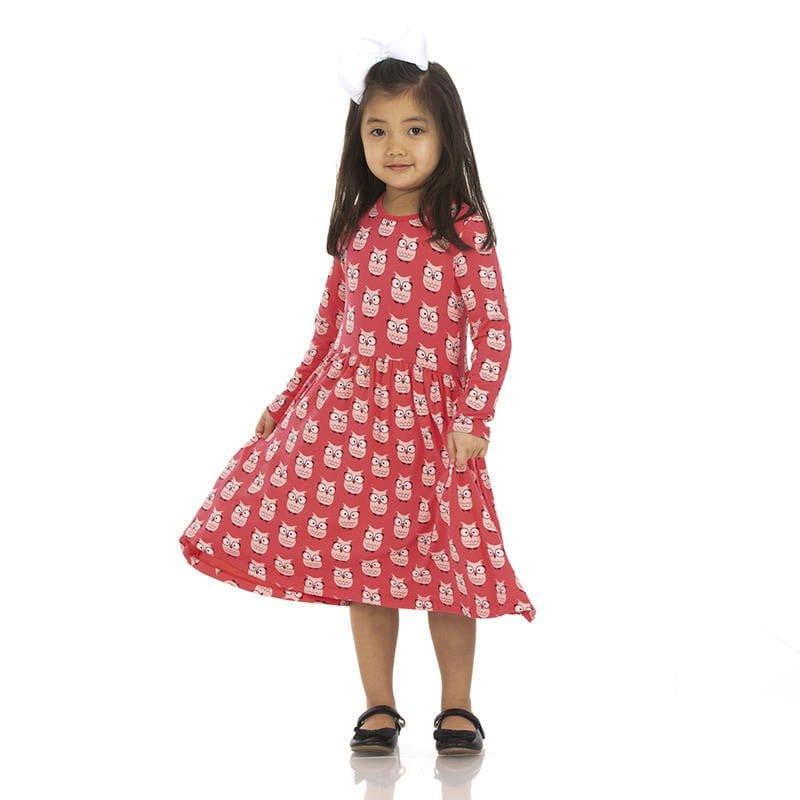 Girl's Print Bamboo Long Sleeve Twirl Dress - Taffy Wise Owls - Image 2