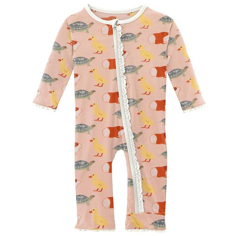 Girl's Print Bamboo Muffin Ruffle Coverall with Zipper - Peach Blossom Class Pets