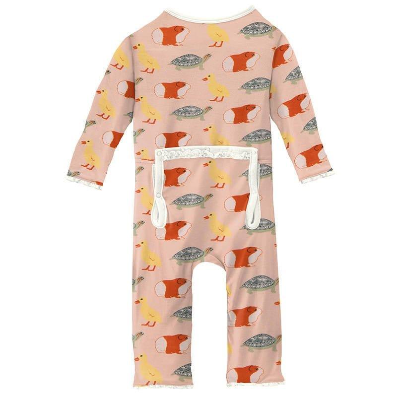 Girl's Print Bamboo Muffin Ruffle Coverall with Zipper - Peach Blossom Class Pets - Image 2