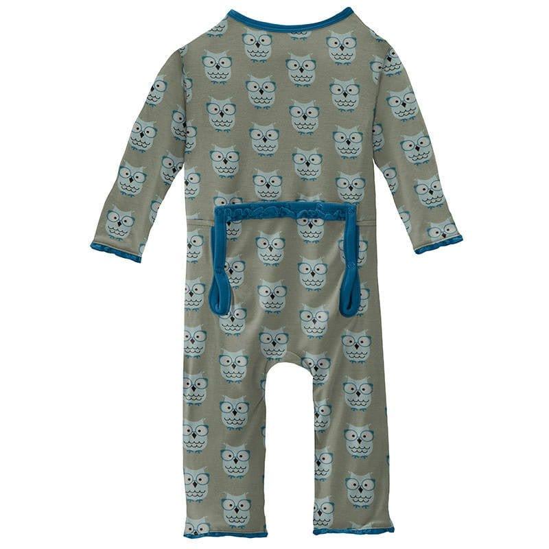 Girl's Print Bamboo Muffin Ruffle Coverall with Zipper - Silver Sage Wise Owls - Image 2