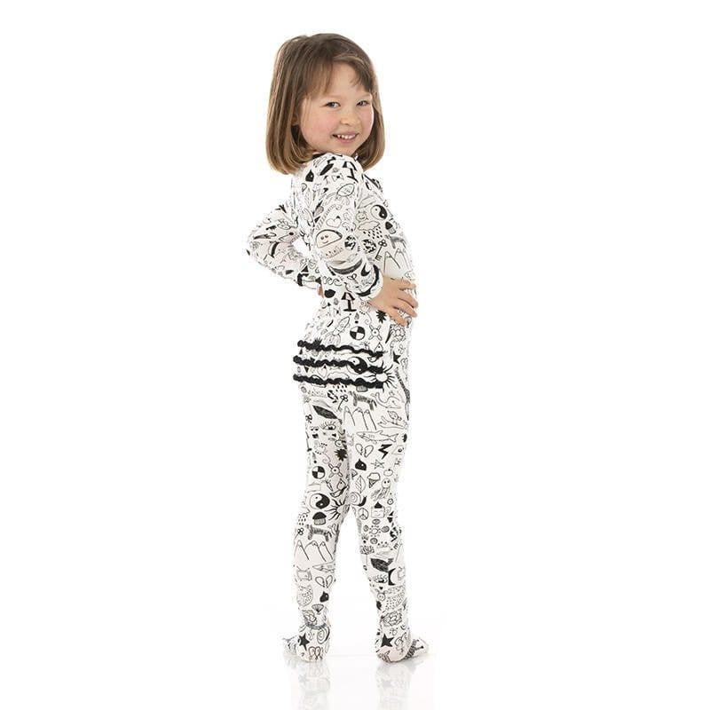 Girl's Print Bamboo Muffin Ruffle Footie with Zipper - Doodles - Image 2