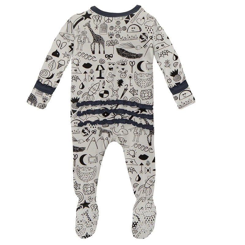 Girl's Print Bamboo Muffin Ruffle Footie with Zipper - Doodles - Image 3