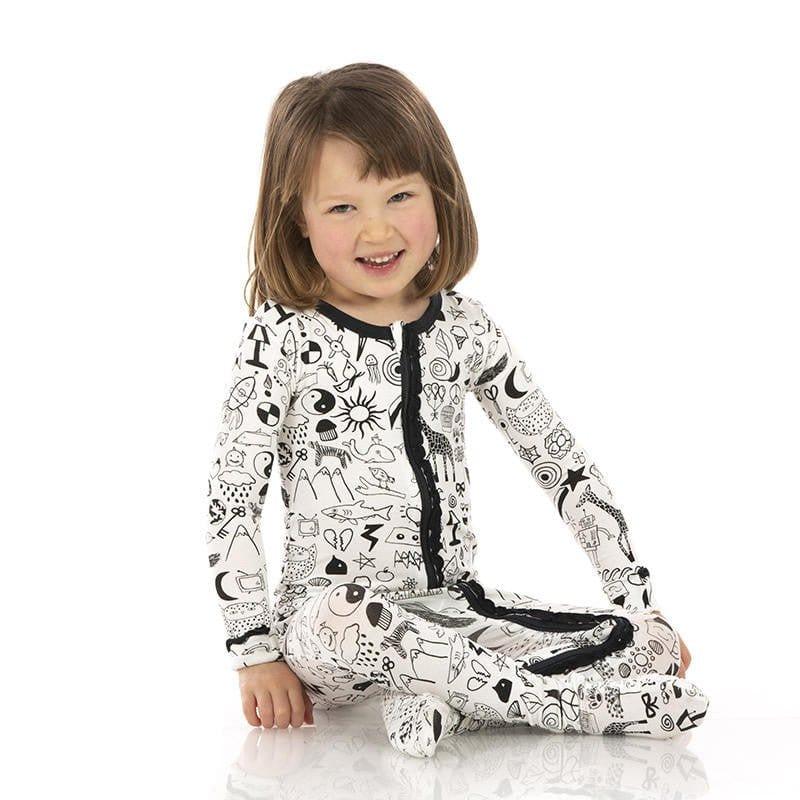 Girl's Print Bamboo Muffin Ruffle Footie with Zipper - Doodles - Image 4
