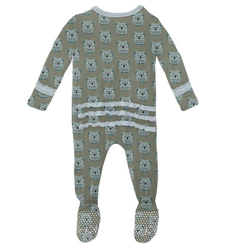 Girl's Print Bamboo Muffin Ruffle Footie with Zipper - Silver Sage Wise Owls - Image 2