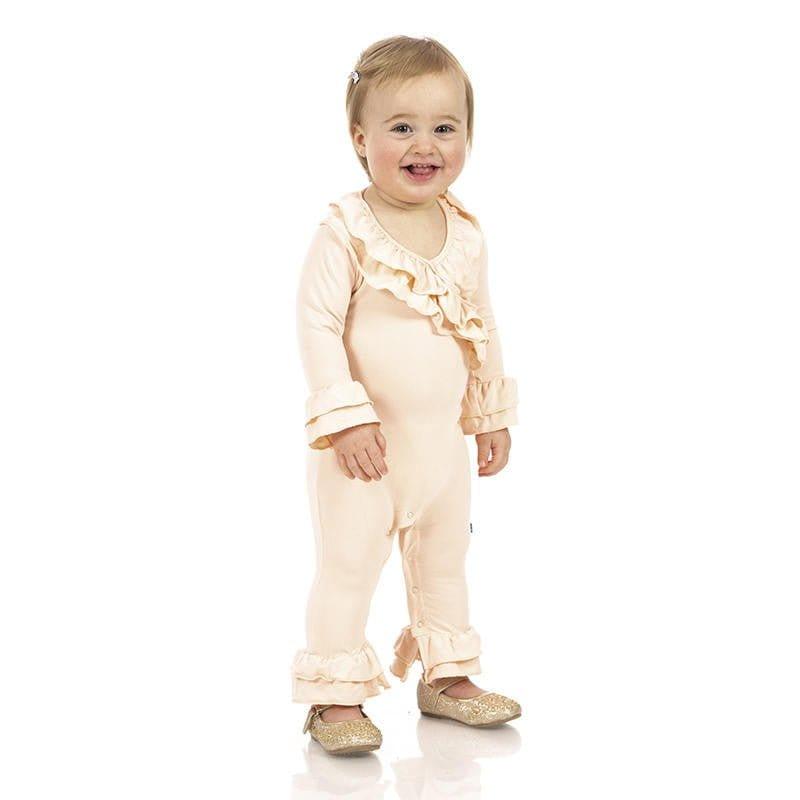 Girl's Solid Bamboo Long Sleeve Kimono Double Ruffle Romper - Peach Blossom - Image 2