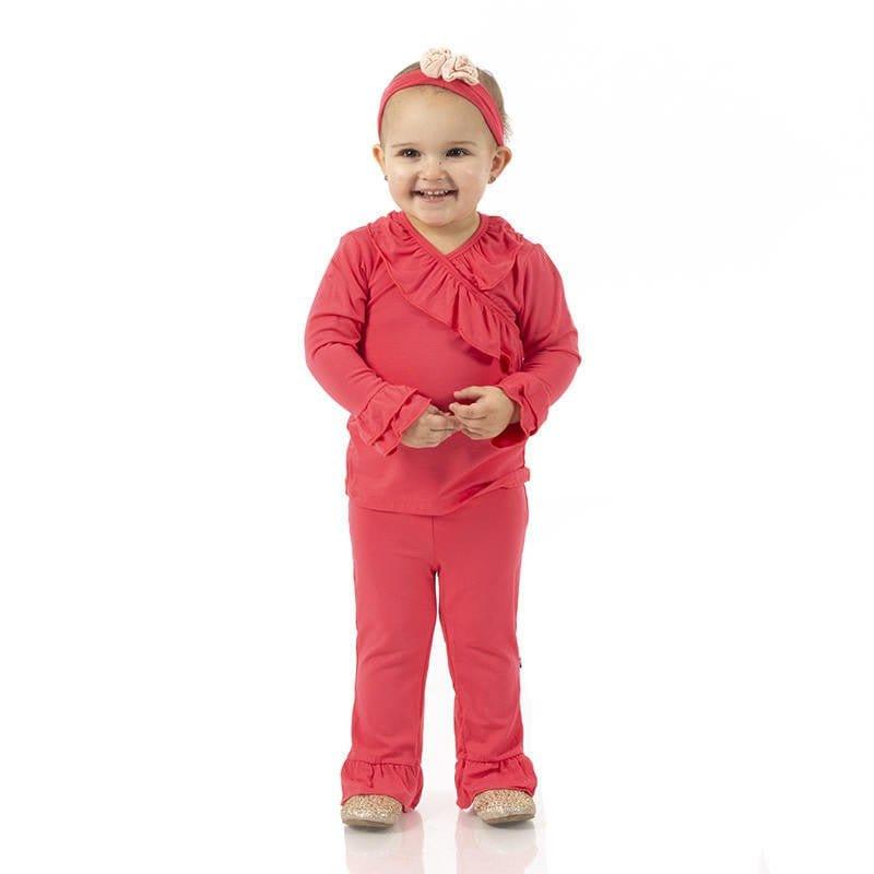 Girl's Solid Bamboo Long Sleeve Kimono Ruffle Outfit Set - Taffy - Image 2