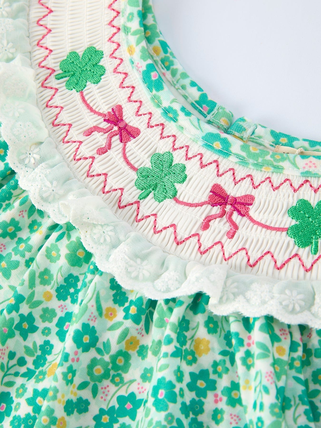 Girls St. Patrick's Day Shamrock Bow Smocked Dress - Image 3