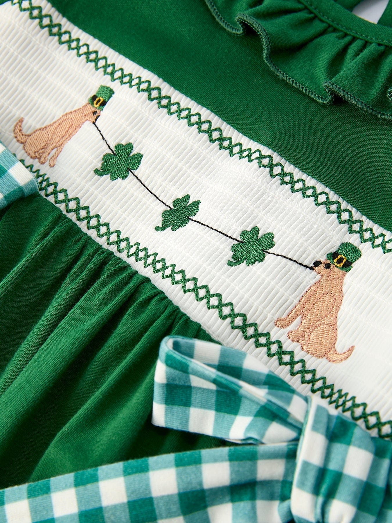 Girls St. Patrick's Day Shamrock Puppy Smocked Dress - Image 4
