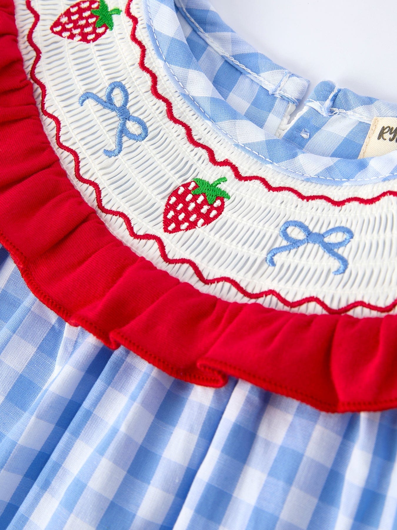 Girls Summer Strawberry Bow Embroidered Smocked Dress - Image 3