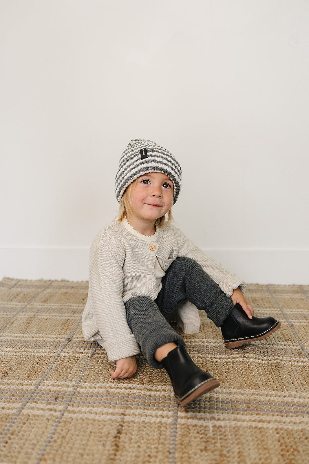 Grey & White Stripe Chunky Knit Beanie - Image 2