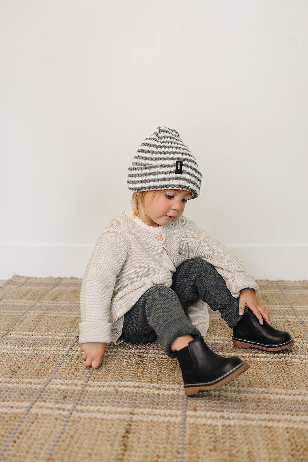 Grey & White Stripe Chunky Knit Beanie - Image 3
