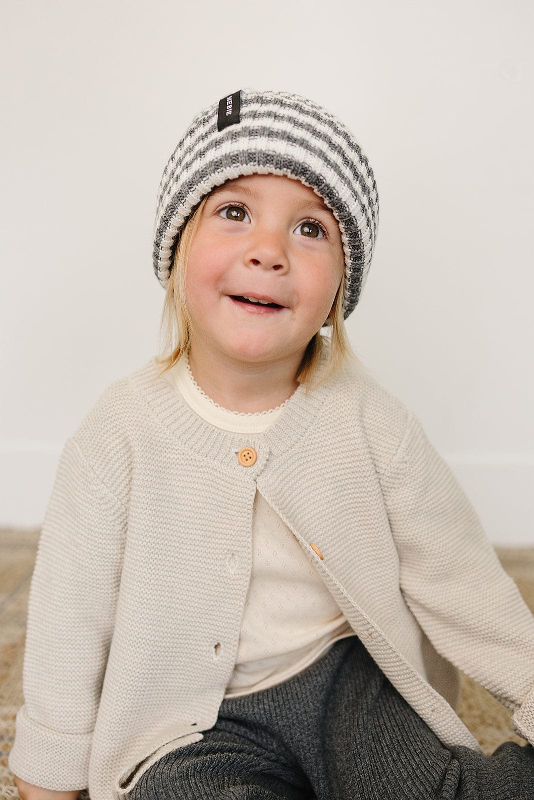 Grey & White Stripe Chunky Knit Beanie - Image 5