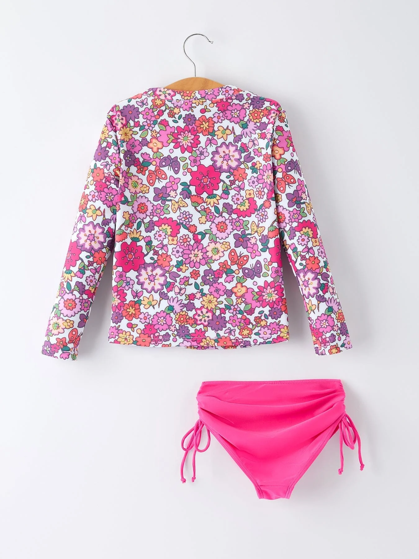 Hot Pink Summer Floral Girls Long-Sleeved Swimsuit Set - Image 2