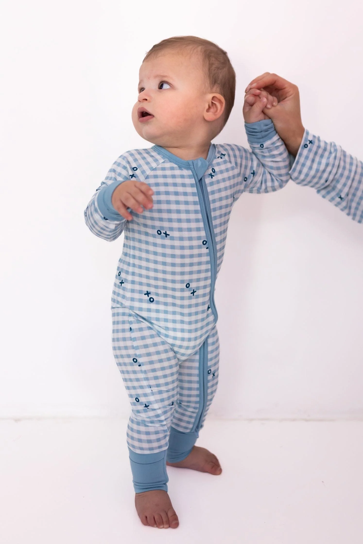 Bamboo Convertible Footie Romper - Blue XO Gingham - Image 2