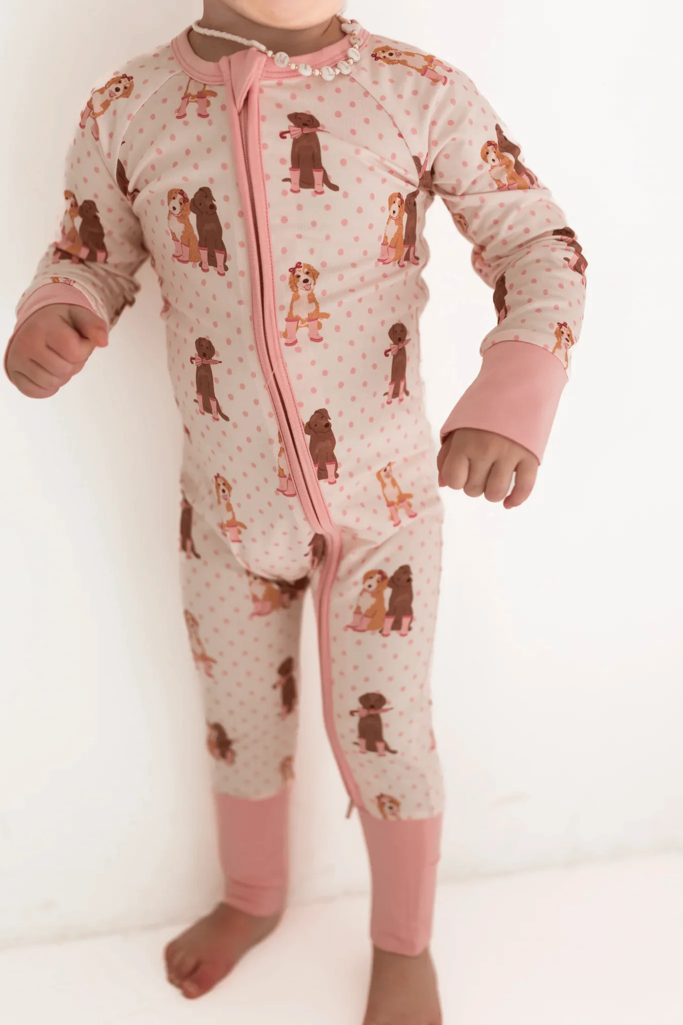 Bamboo Convertible Footie Romper - Pink Pup Friends