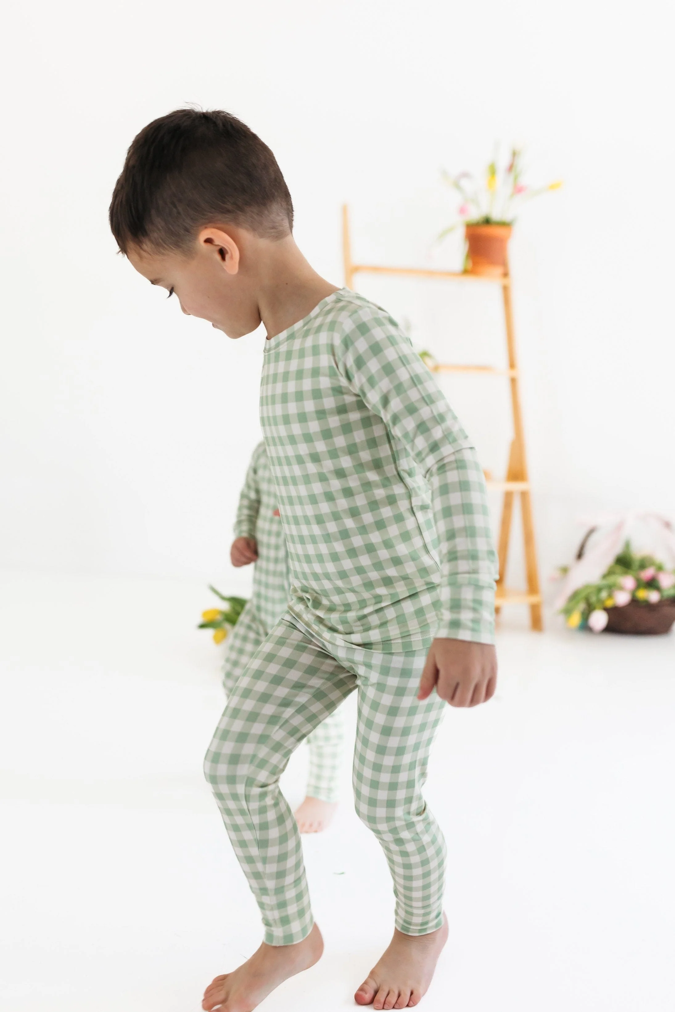 Bamboo Long Sleeve Pajama Set - Green Gingham - Image 3