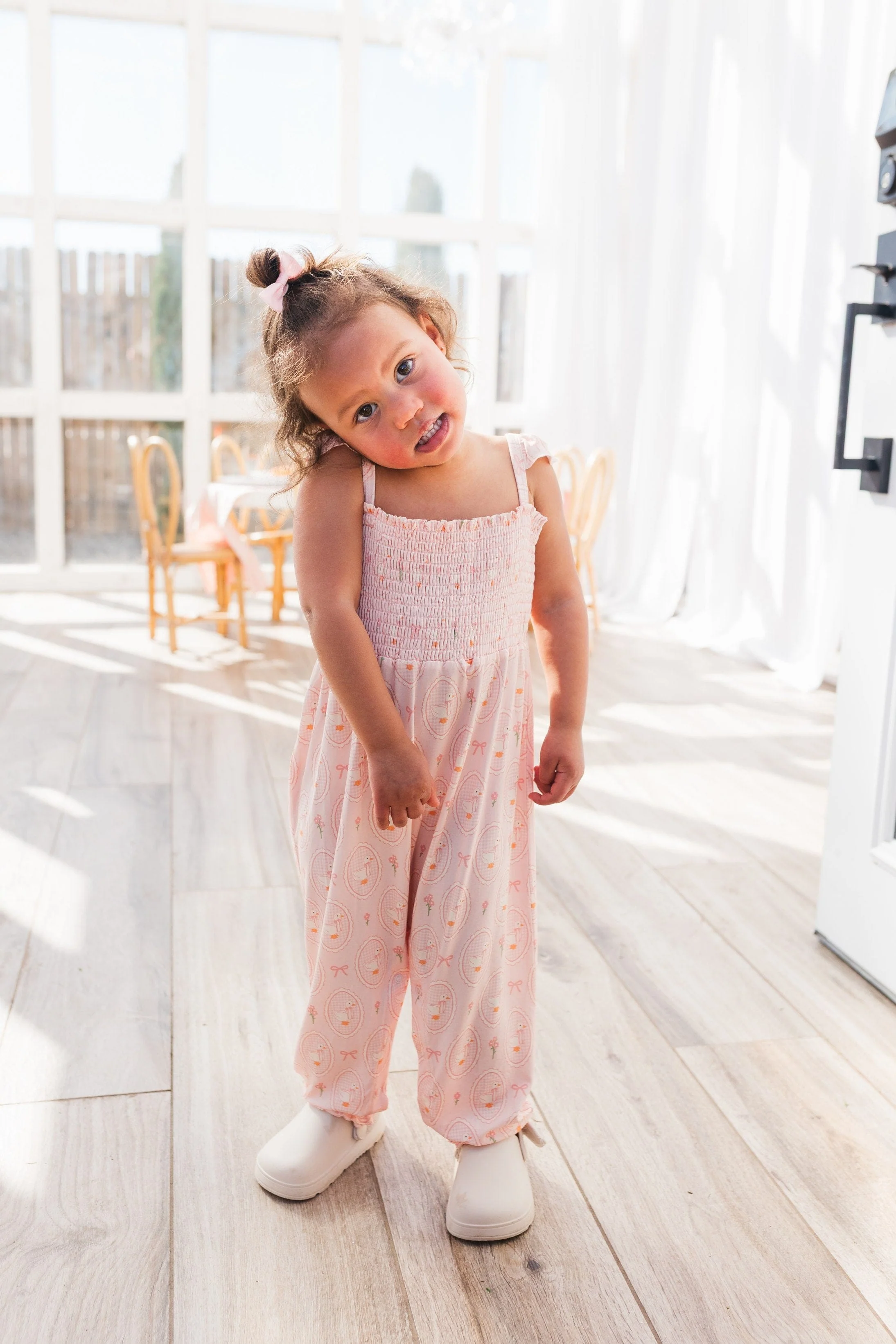 Bamboo Smocked Jumpsuit - Pink Little Goose - Image 2