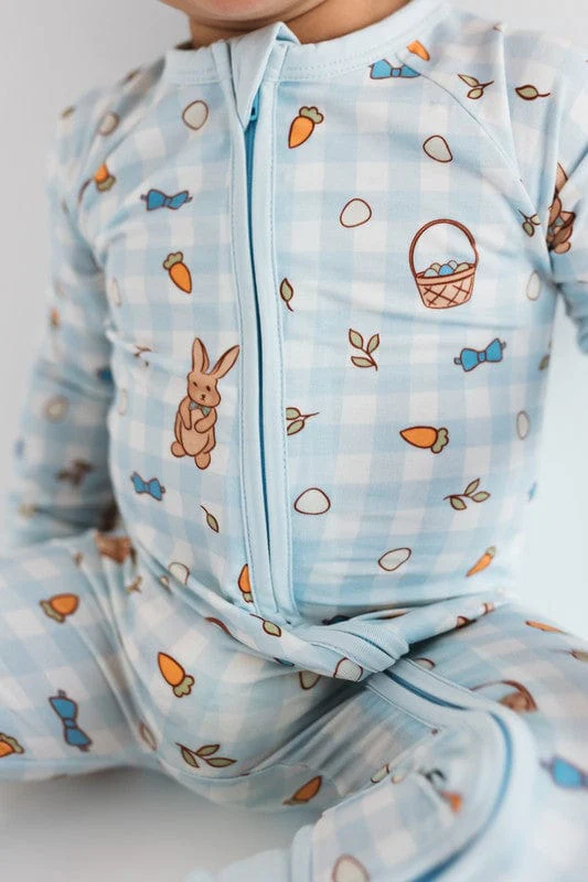 Bamboo Convertible Footie Romper - Blue Gingham Bunny - Image 2