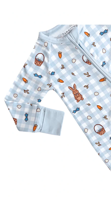 Bamboo Convertible Footie Romper - Blue Gingham Bunny - Image 3