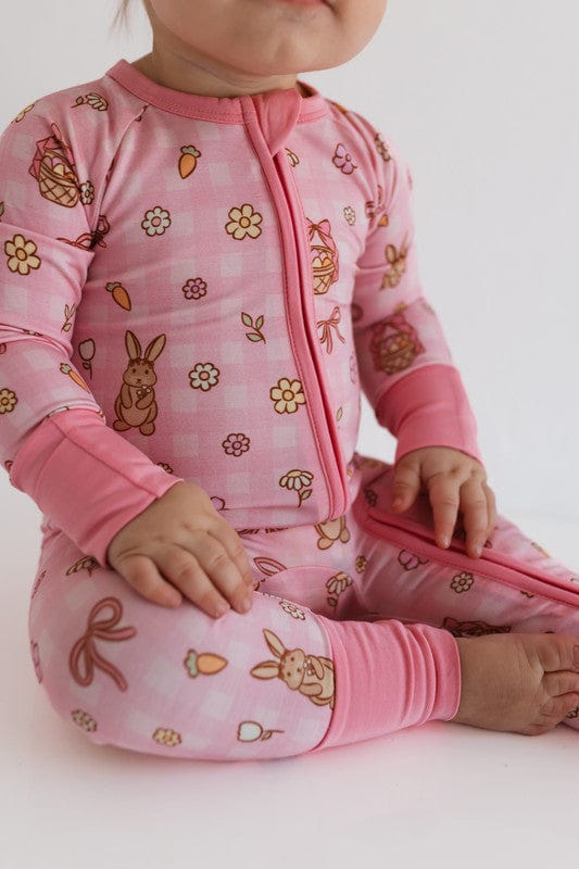 Bamboo Convertible Footie Romper - Pink Gingham Bunny - Image 2