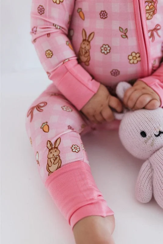 Bamboo Convertible Footie Romper - Pink Gingham Bunny - Image 3