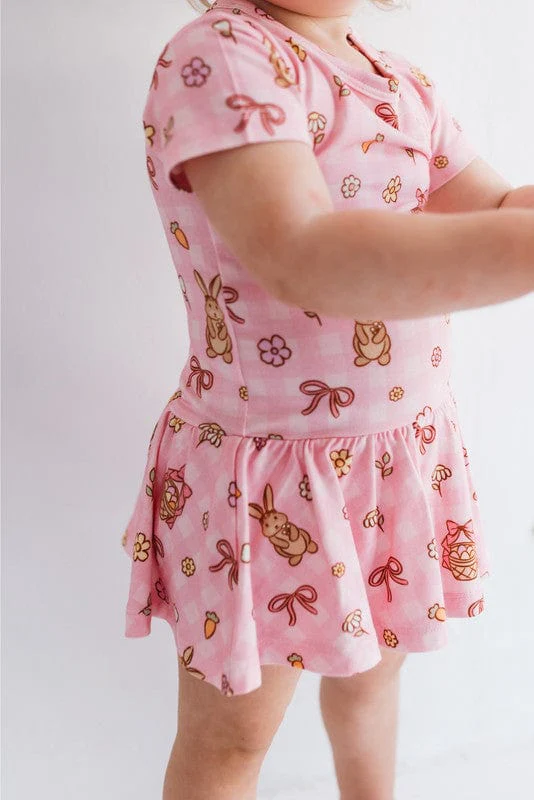 Bamboo Short Sleeve Bodysuit Dress - Pink Gingham Bunny - Image 2
