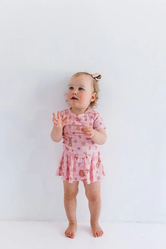 Bamboo Short Sleeve Bodysuit Dress - Pink Gingham Bunny - Image 3