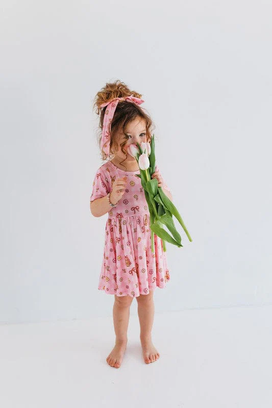 Bamboo Short Sleeve Twirl Dress - Pink Gingham Bunny - Image 2