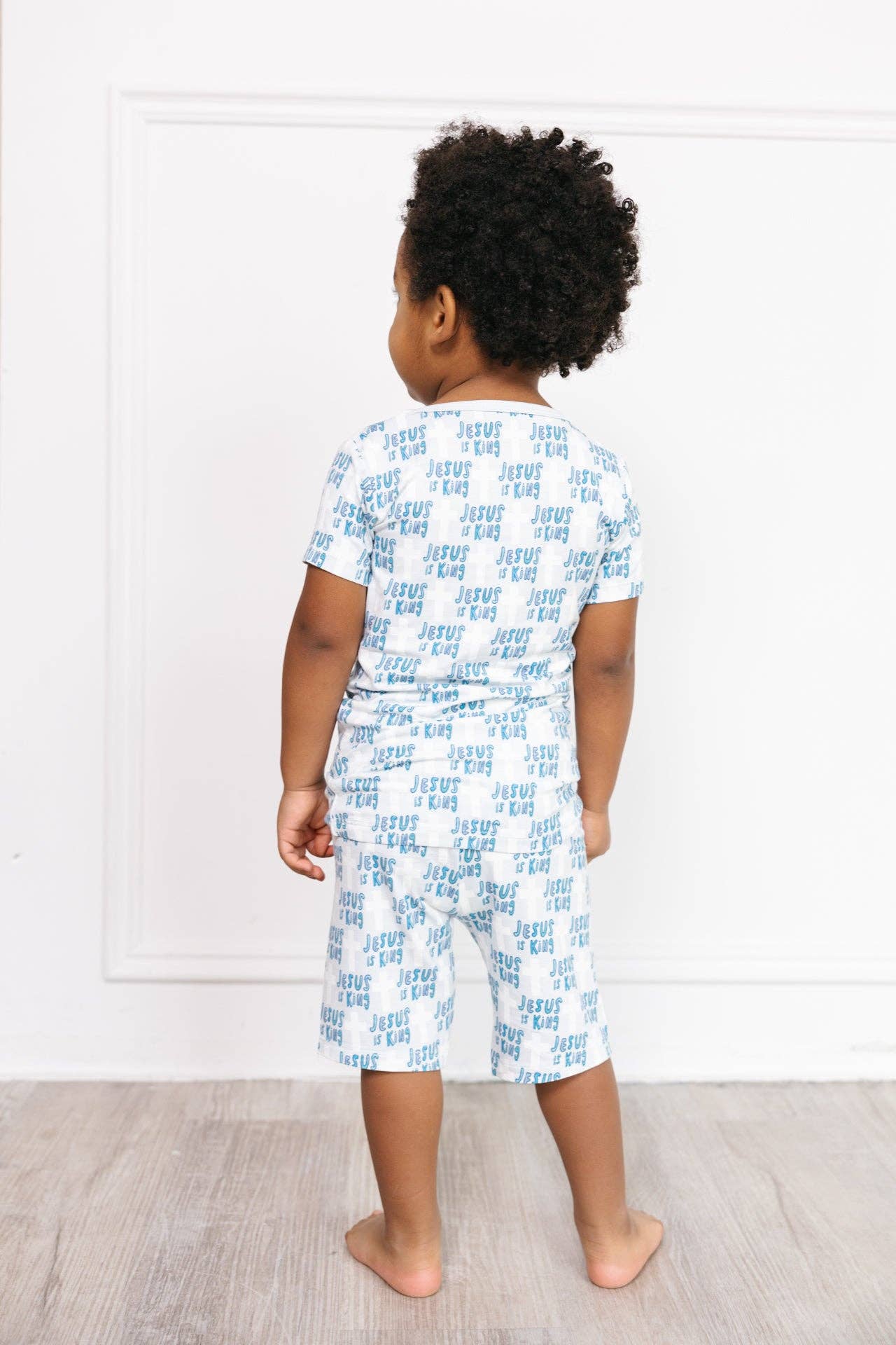 Bamboo Short Sleeve Pajama Set with Shorts - Blue Jesus Is King - Image 3