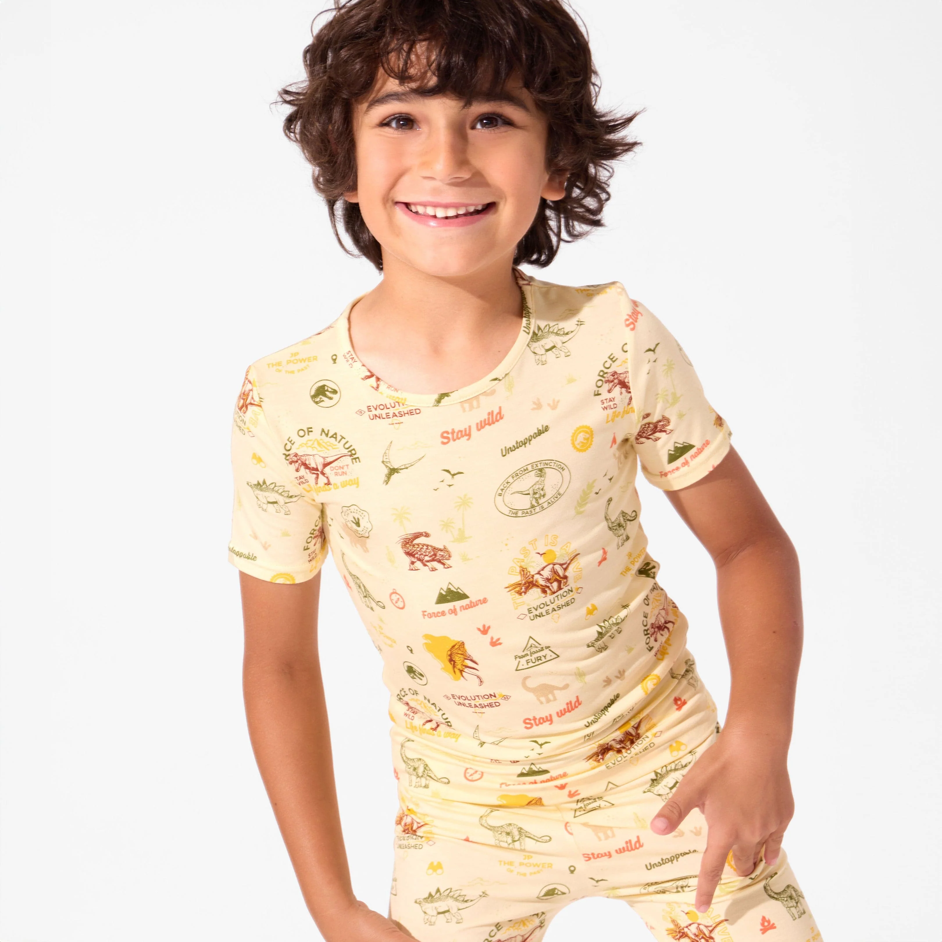 Bamboo Short Sleeve Pajama Set with Shorts - Jurassic Park Beige - Image 2