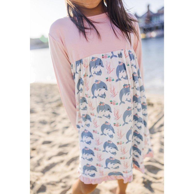 Bamboo Classic Long Sleeve Swing Dress - Natural Dolphins - Image 2
