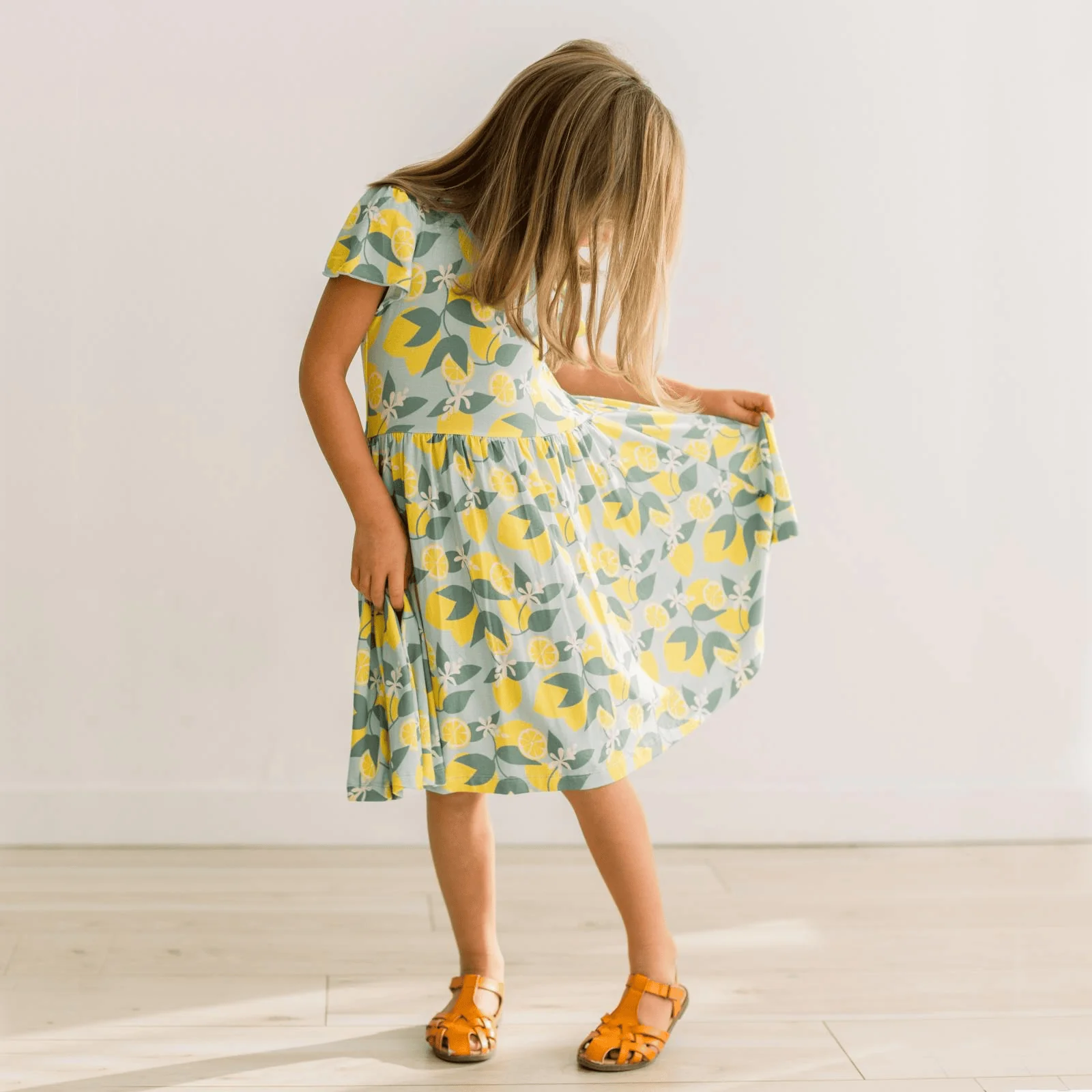 Bamboo Flutter Sleeve Twirl Dress with Pockets - Spring Sky Lemonade - Image 3