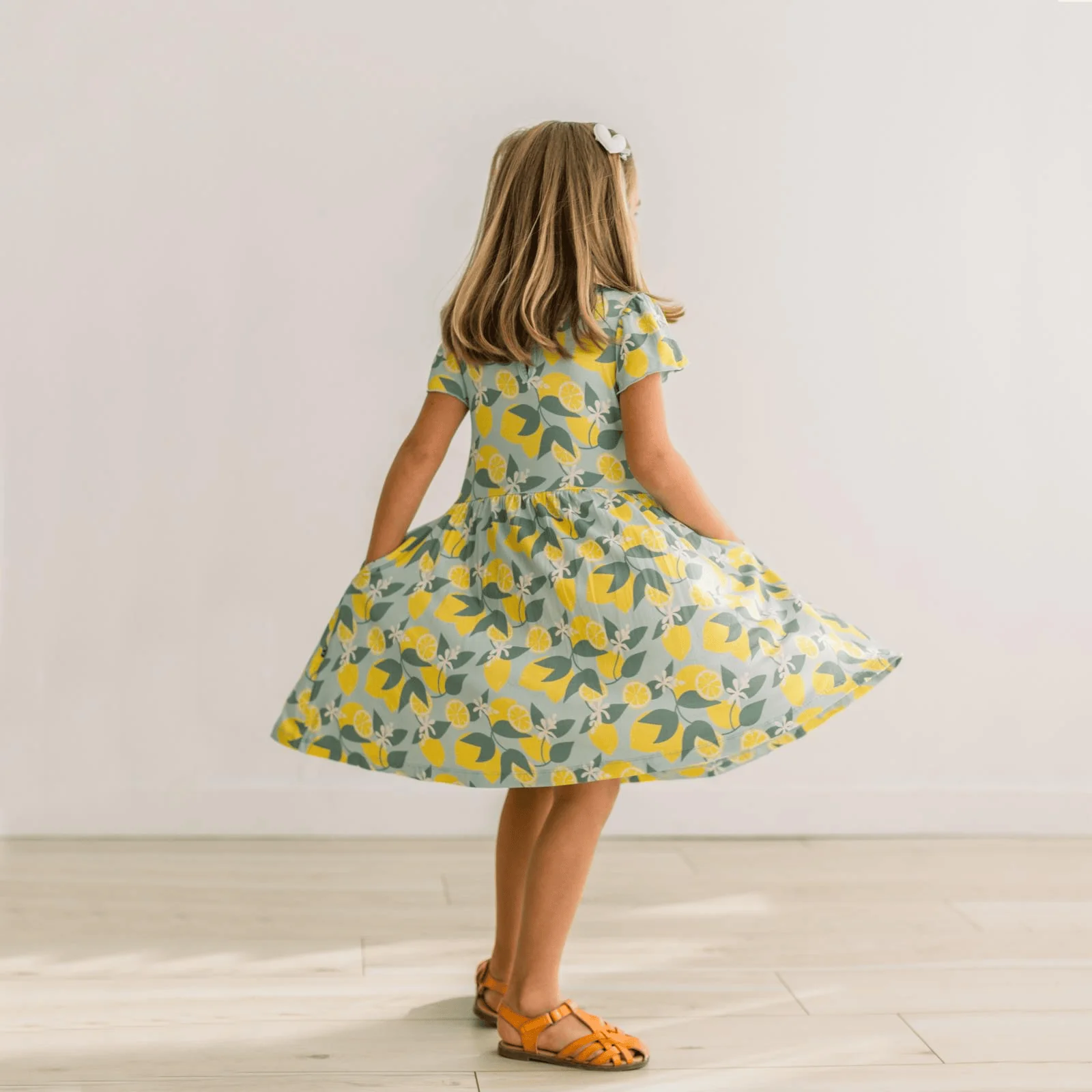 Bamboo Flutter Sleeve Twirl Dress with Pockets - Spring Sky Lemonade - Image 4