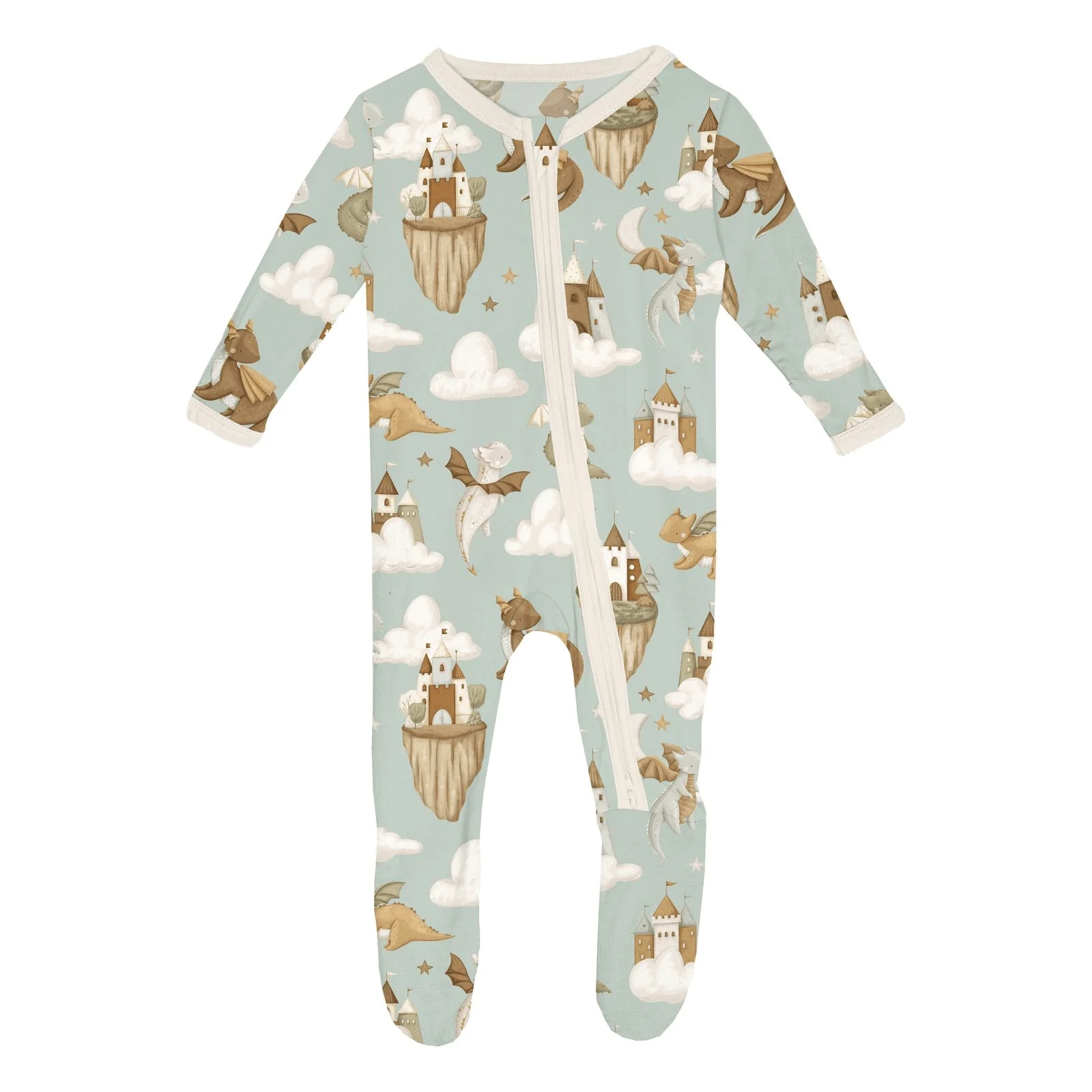 Bamboo Footie with 2-Way Zipper - Aloe Castles and Clouds - Image 3