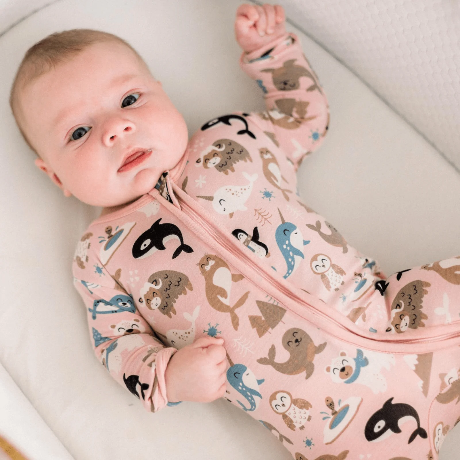 Bamboo Footie with 2-Way Zipper - Baby Rose Arctic Animals - Image 2