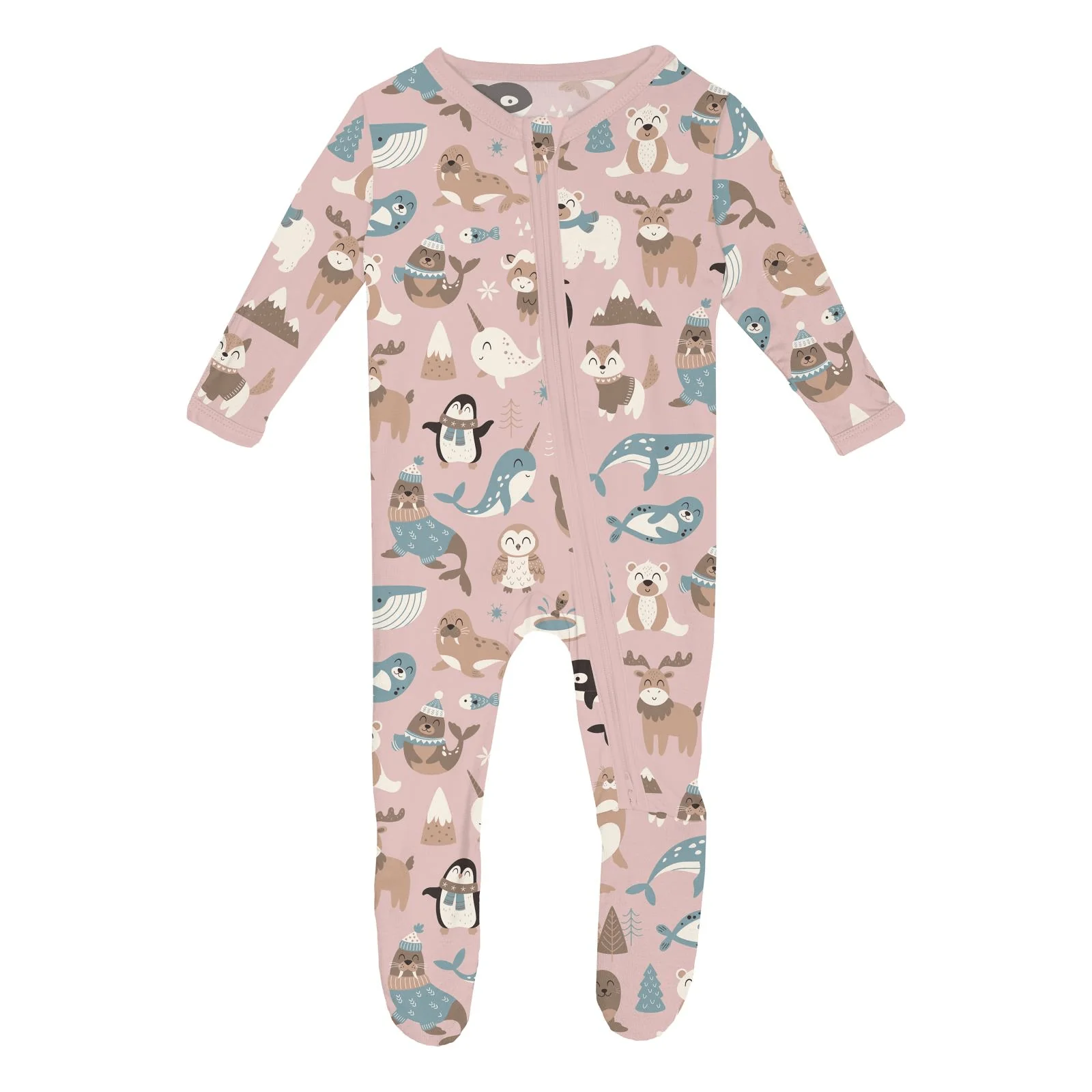 Bamboo Footie with 2-Way Zipper - Baby Rose Arctic Animals - Image 3