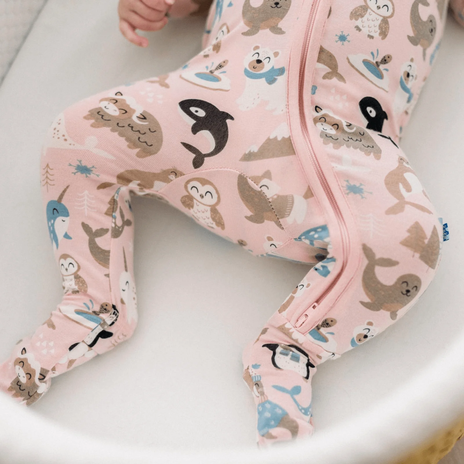Bamboo Footie with 2-Way Zipper - Baby Rose Arctic Animals - Image 5