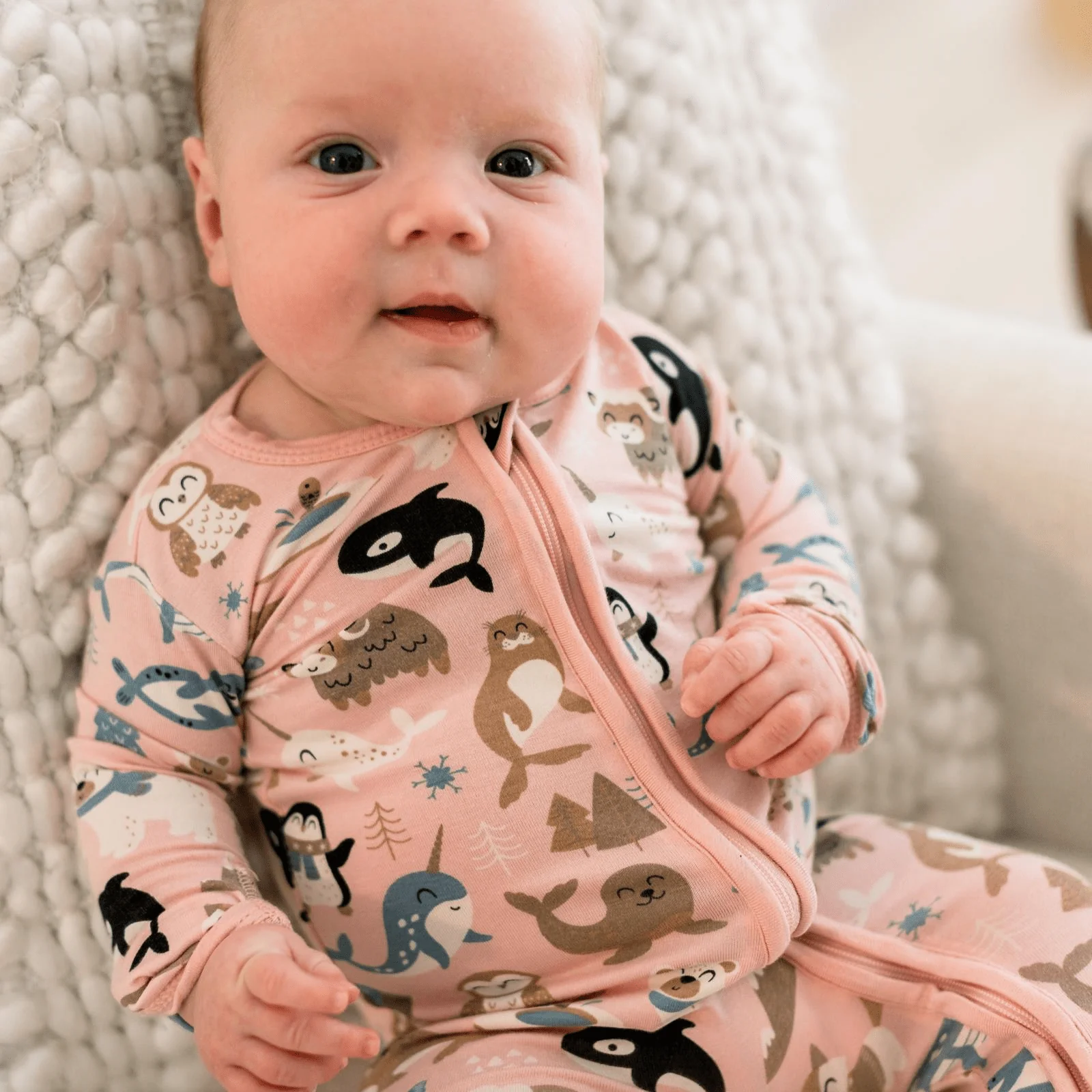 Bamboo Footie with 2-Way Zipper - Baby Rose Arctic Animals - Image 6