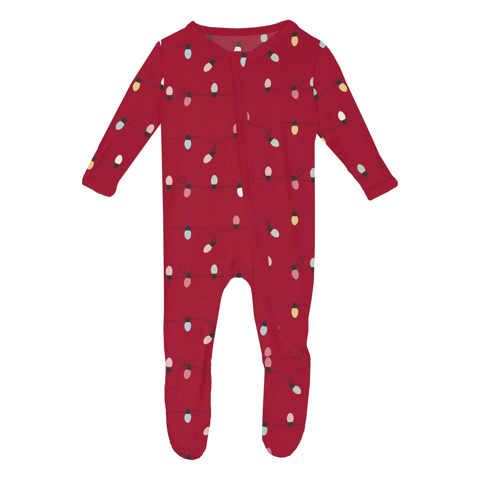 Bamboo Footie with 2-Way Zipper - Crimson Holiday Lights