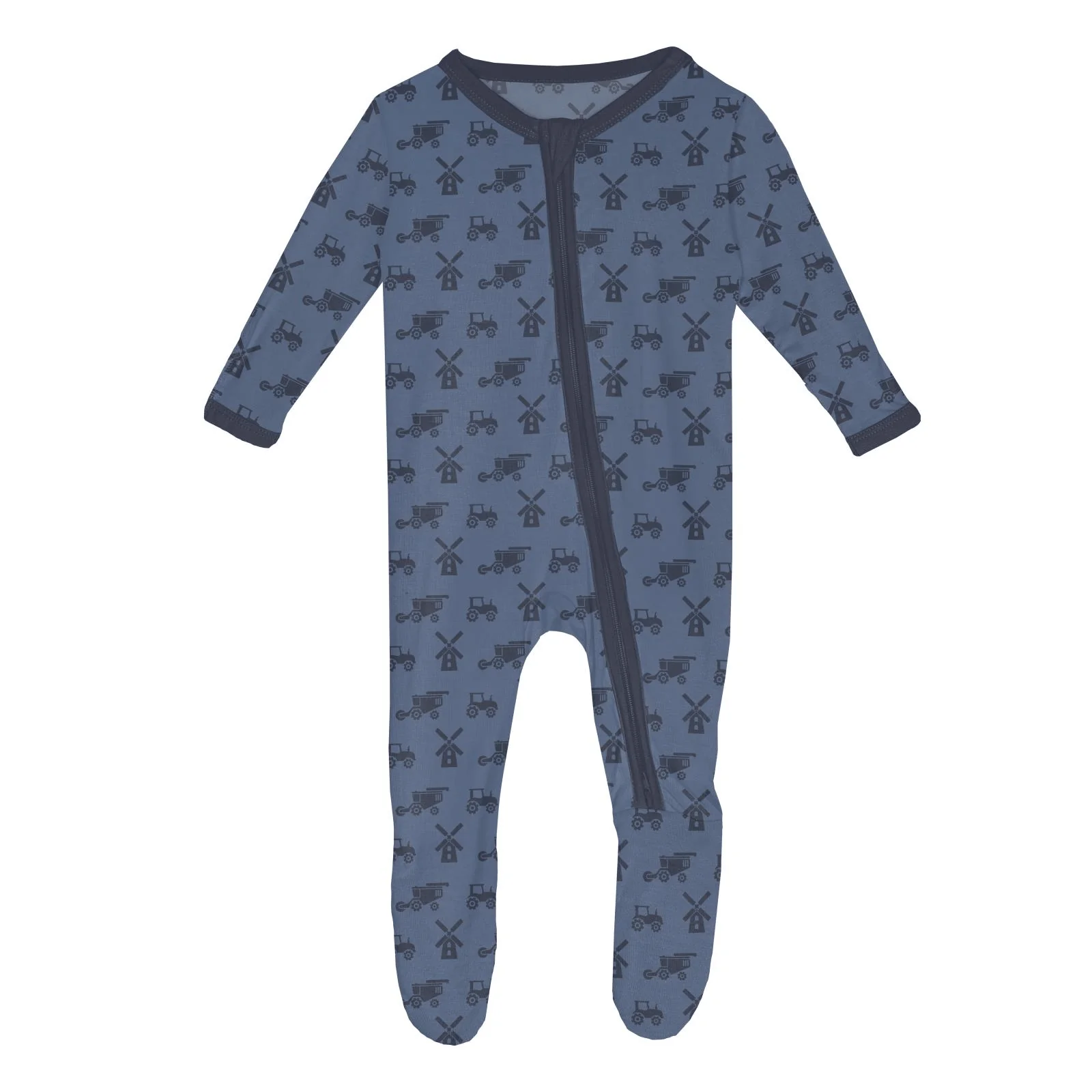 Bamboo Footie with 2-Way Zipper - Denim Tractors & Windmills