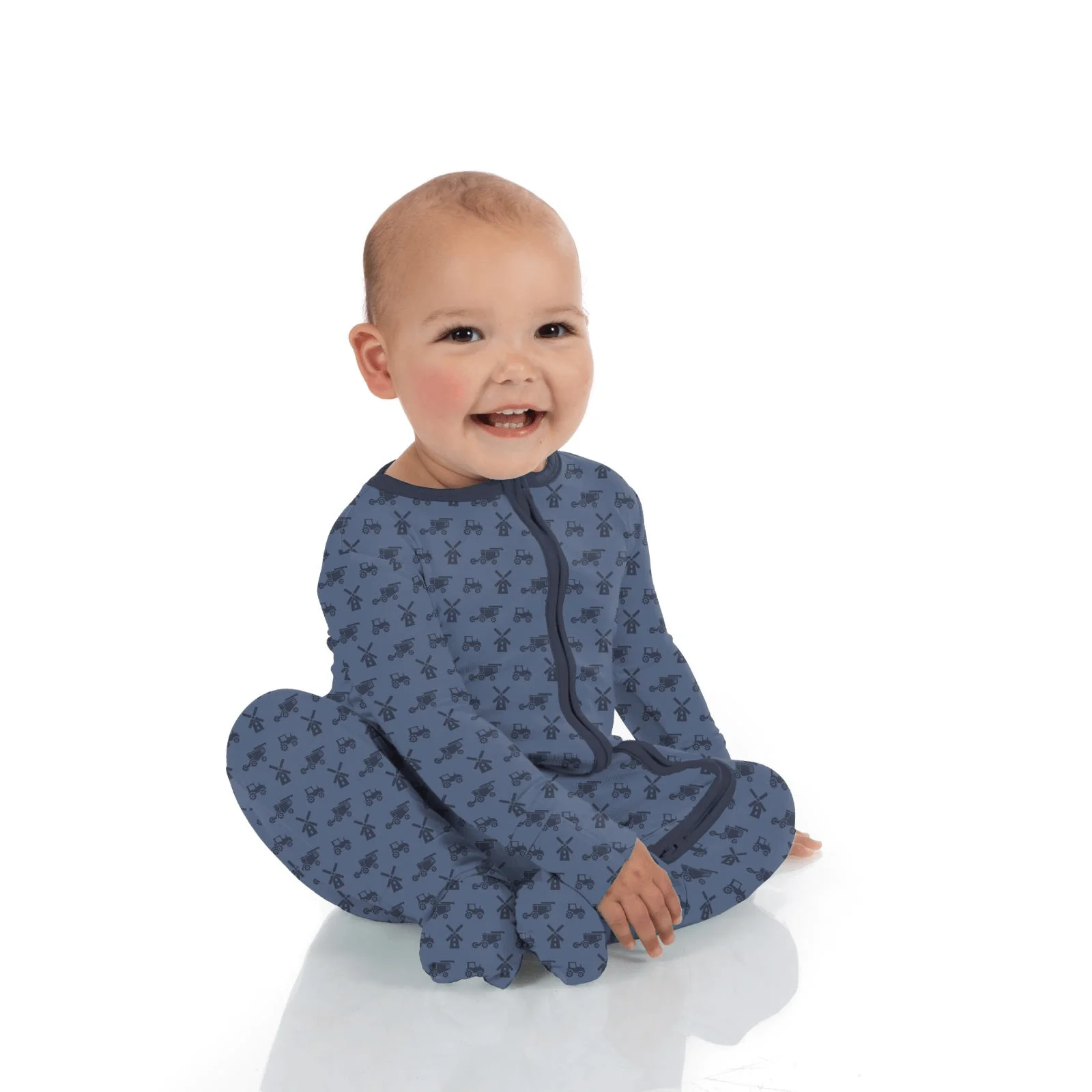 Bamboo Footie with 2-Way Zipper - Denim Tractors & Windmills - Image 2