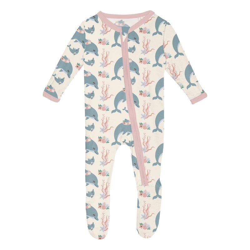 Bamboo Footie with 2-Way Zipper - Natural Dolphins