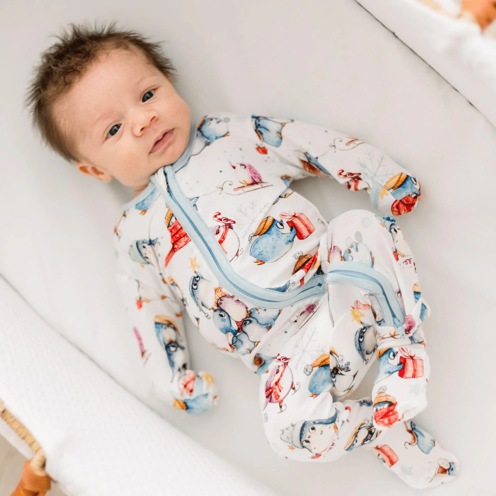 Bamboo Footie with 2-Way Zipper - Natural Silly Penguins - Image 2